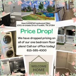 Our pricing has dropped on all of our one bedroom floor plans! We have availability now through September! Give our office a call today to schedule your in person visit with us! #greystarliving #pricedrop #franklintn #heartwoodatlockwoodglenapartments #summer #home Instagram post from @heartwoodlockwoodglen on July 19, 2024 13:19:56pm